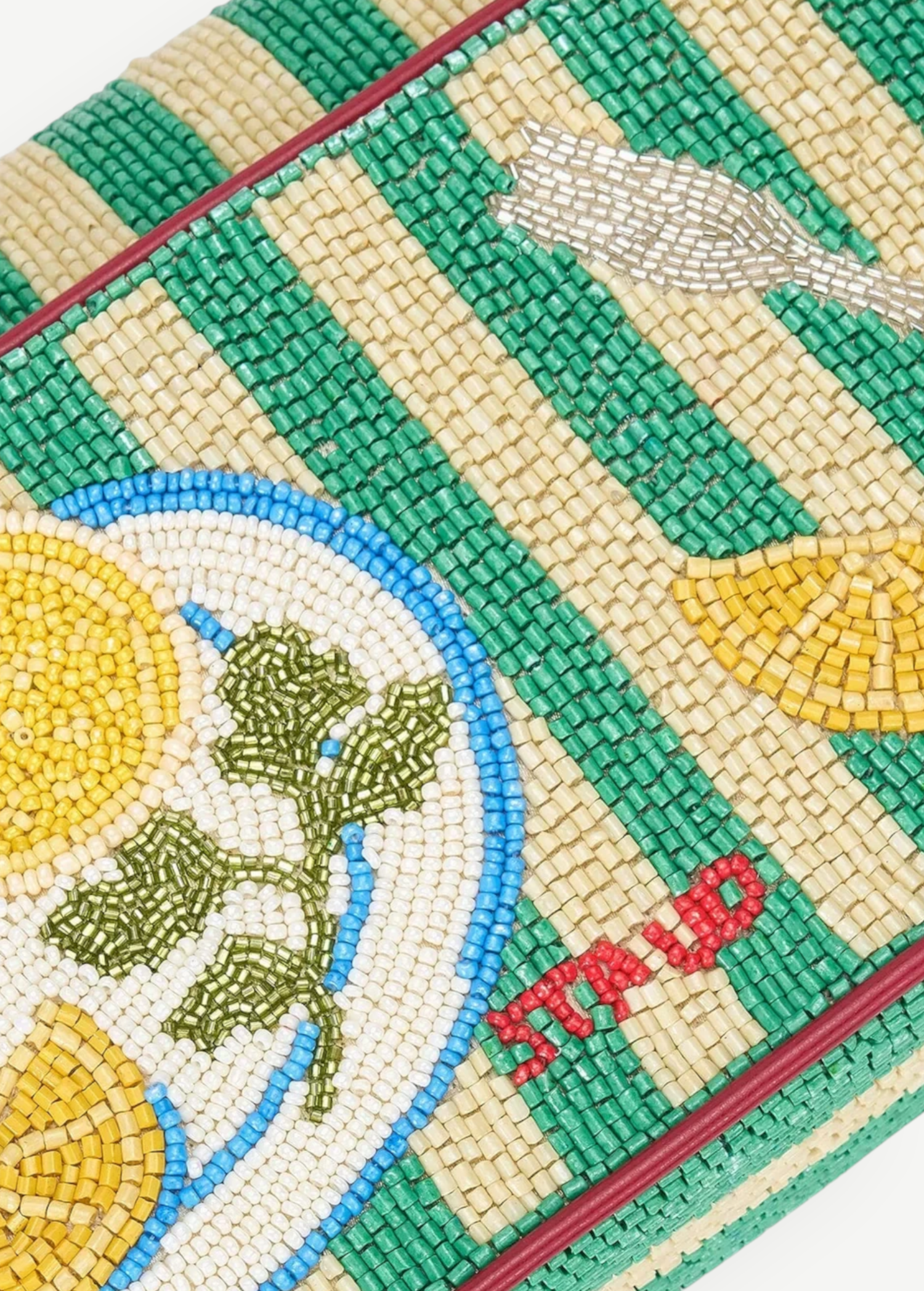KABE SHOP INC Tommy beaded shoulder bag featuring a green and cream striped pattern with a lemon and cutlery motif.