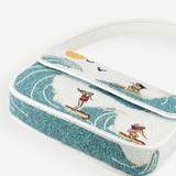 KABE SHOP INC Tommy shoulder bag featuring a white and blue beaded surf-themed design with waves and surfers