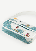 KABE SHOP INC Tommy shoulder bag featuring a white and blue beaded surf-themed design with waves and surfers