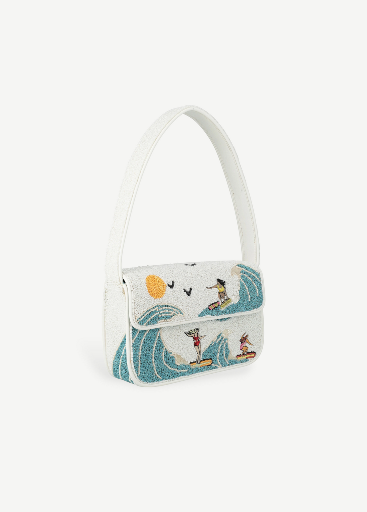 KABE SHOP INC Tommy shoulder bag featuring white beads with a colorful surfing and ocean wave design