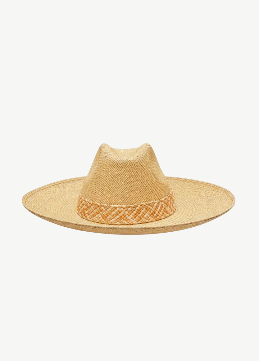 KABE SHOP INC Tucan wide brim straw hat with a woven patterned band in natural tan and cream tones.