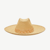 KABE SHOP INC Tucan wide brim straw hat with a woven patterned band in natural tan and cream tones.