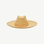 KABE SHOP INC Tucan wide brim straw hat with a woven patterned band in natural tan and cream tones.