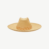 KABE SHOP INC Tucan wide brim straw hat with a woven patterned band in natural tan and cream tones.