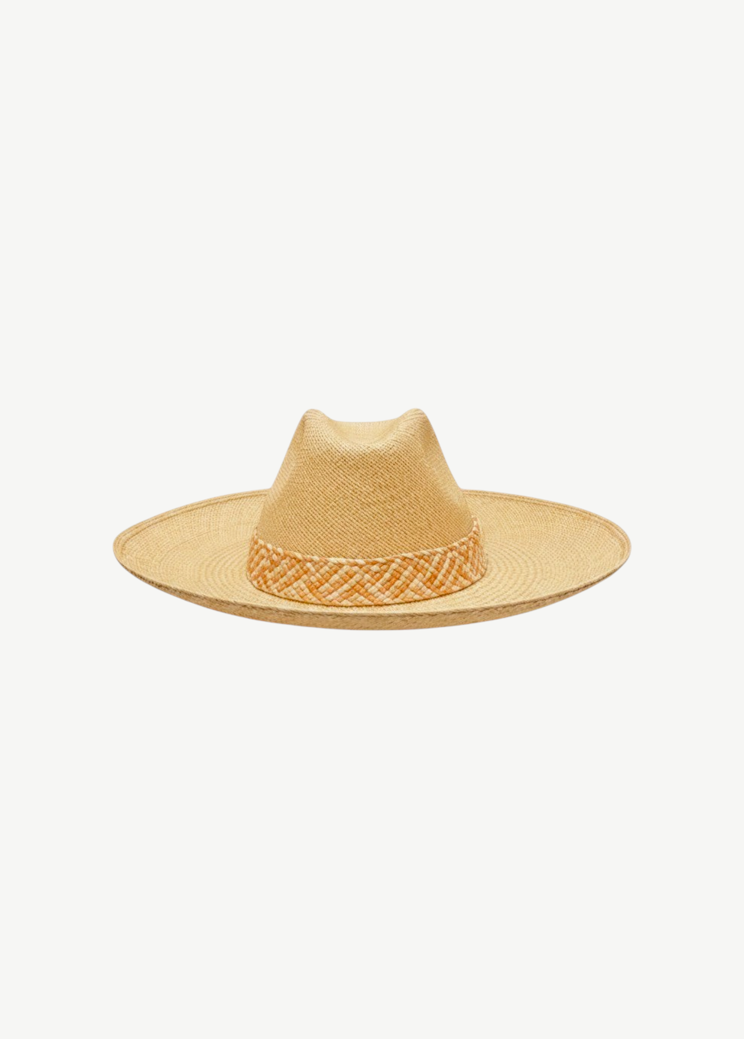 KABE SHOP INC Tucan wide brim straw hat with a woven patterned band in natural tan and cream tones.