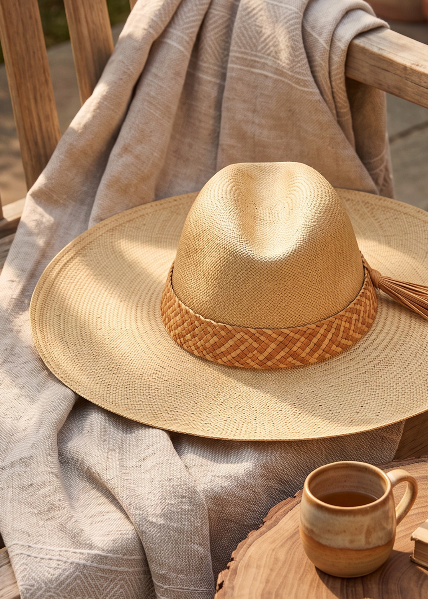 KABE SHOP INC Tucan wide brim straw hat with a woven leather band and tassel detail resting on a linen cloth.