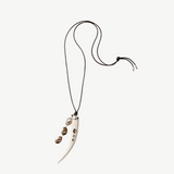 KABE SHOP INC Tusk Charm Necklace with carved white bone pendant, gemstone inlay, and cascading abalone tassel on cord