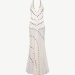 KABE SHOP INC Vicka dress in white with an open back, halter neckline, and vibrant multicolored bead embroidery.