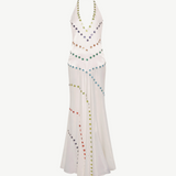 KABE SHOP INC Vicka dress in white with an open back, halter neckline, and vibrant multicolored bead embroidery.