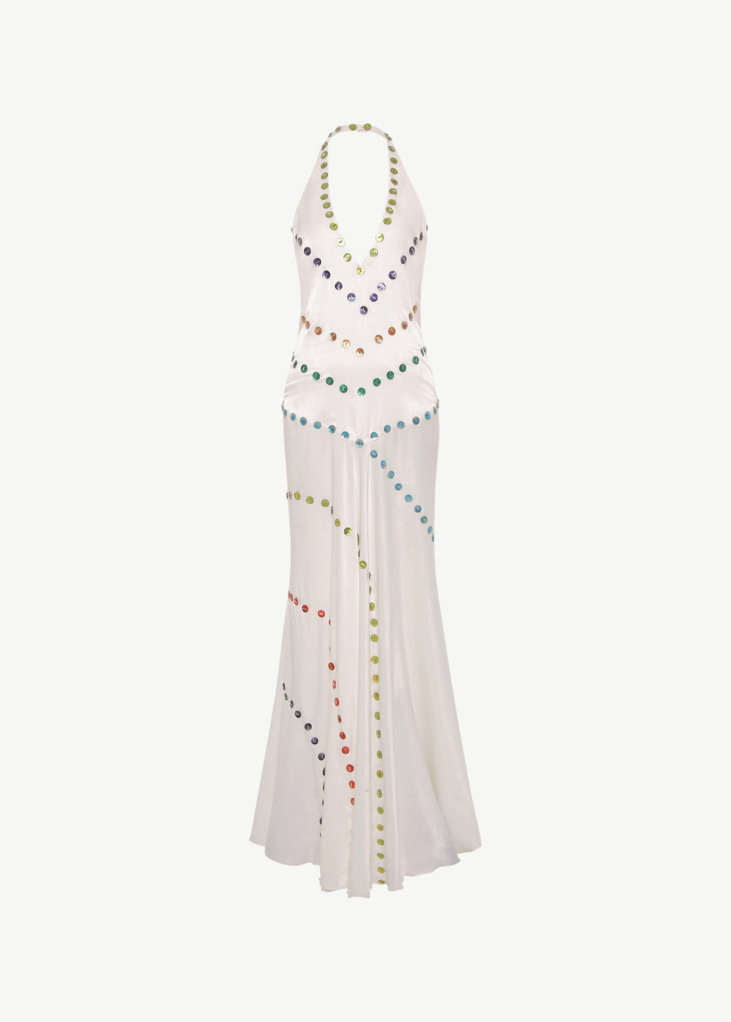 KABE SHOP INC Vicka dress in white with an open back, halter neckline, and vibrant multicolored bead embroidery.