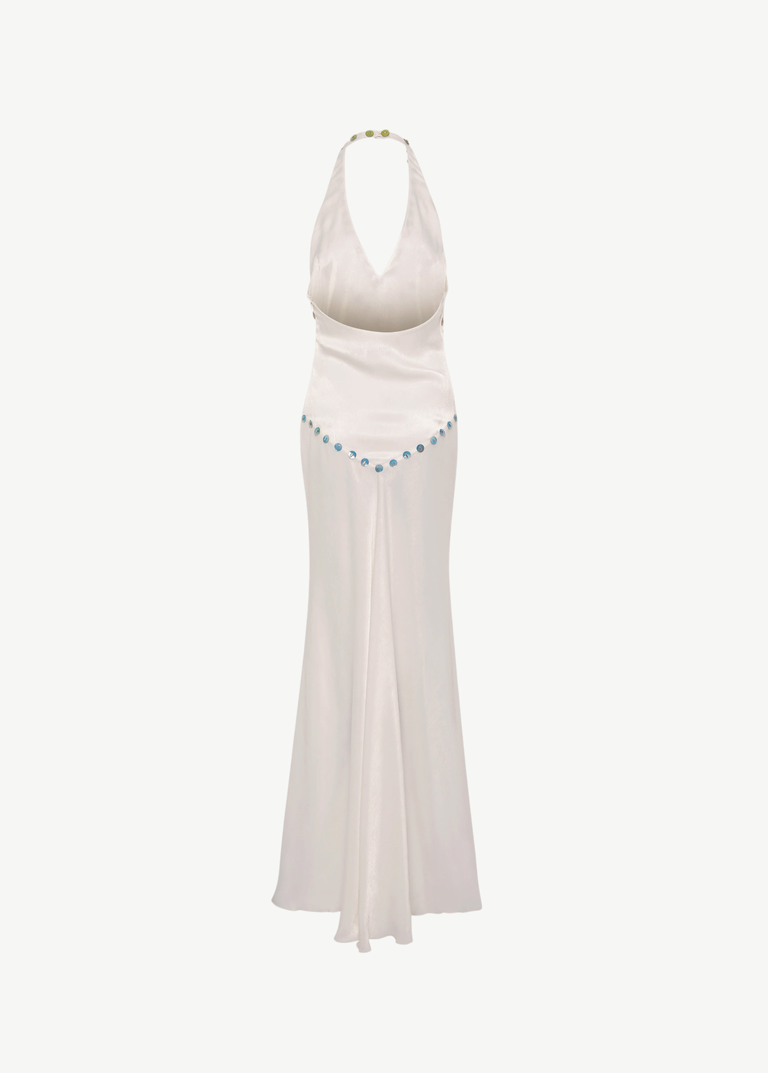 KABE SHOP INC Vicka dress in white satin with an open back, halter neck, and vibrant bead embroidery at the waist.