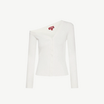 KABE SHOP INC Craftsman Sweater in white, a ribbed knit one-shoulder cardigan with a button-down front.