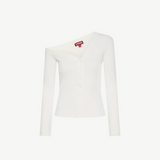 KABE SHOP INC Craftsman Sweater in white, a ribbed knit one-shoulder cardigan with a button-down front.