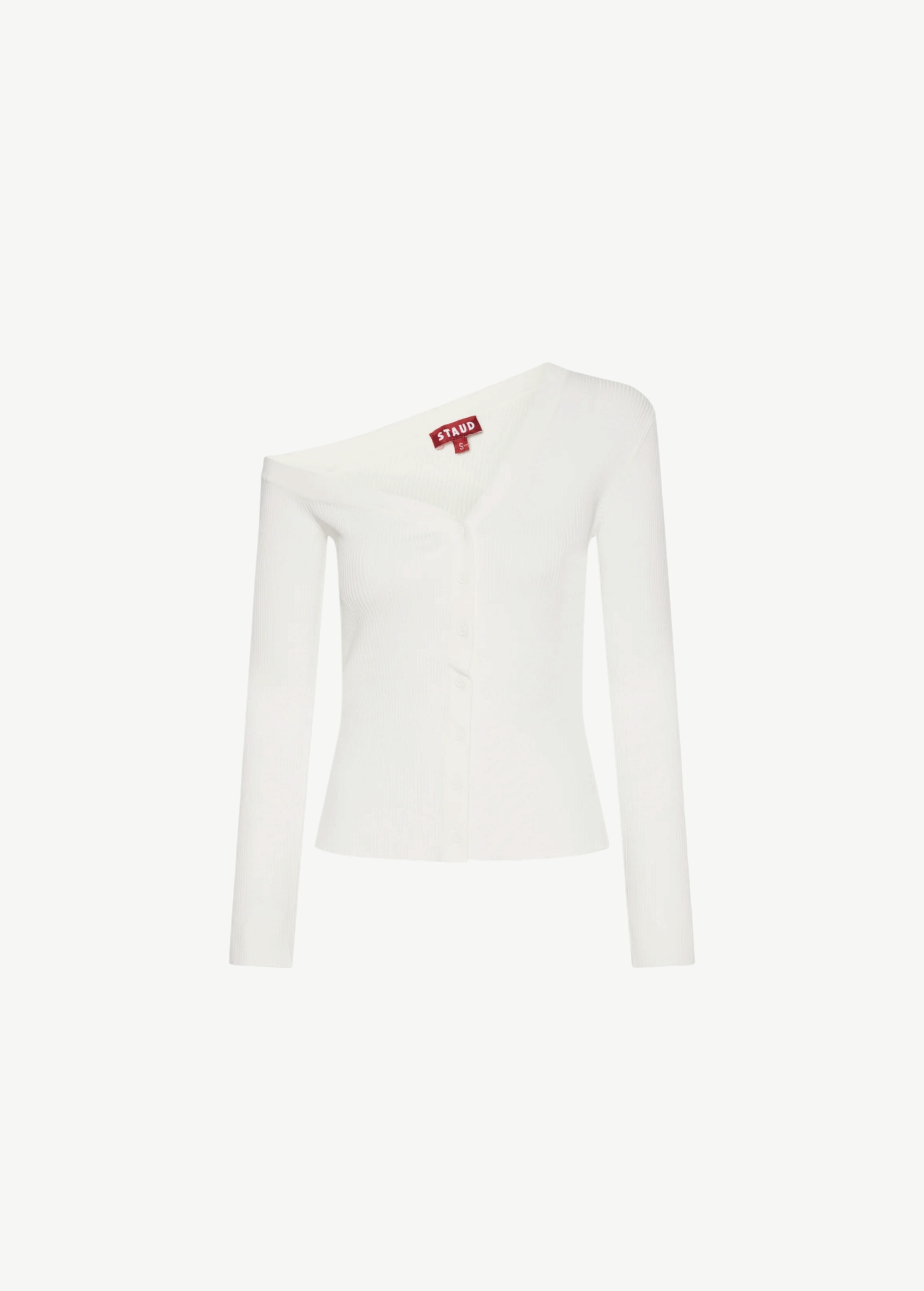 KABE SHOP INC Craftsman Sweater in white, a ribbed knit one-shoulder cardigan with a button-down front.