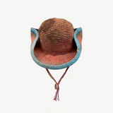 KABE SHOP INC Wika crochet tie-dye hat with a wide brim, blue and orange gradient, and a decorative shell chin strap.