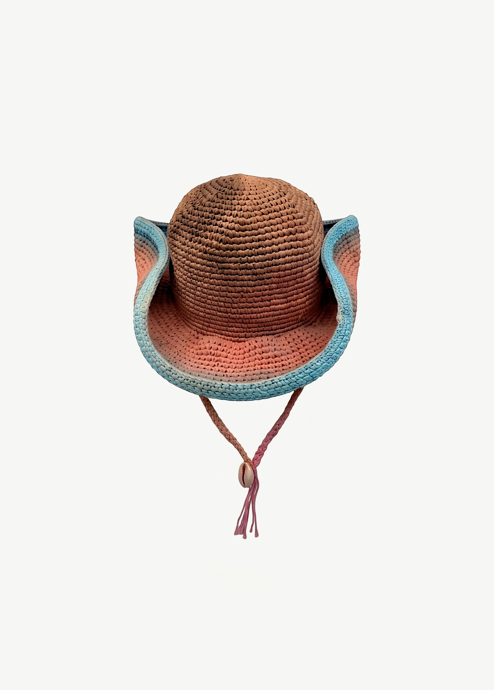 KABE SHOP INC Wika crochet tie-dye hat with a wide brim, blue and orange gradient, and a decorative shell chin strap.