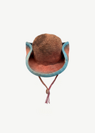 KABE SHOP INC Wika crochet tie-dye hat with a wide brim, blue and orange gradient, and a decorative shell chin strap.