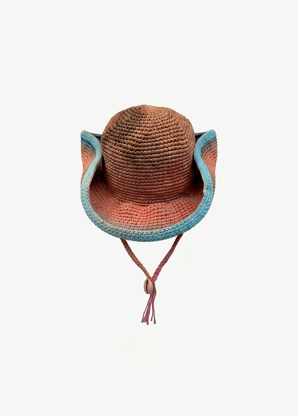 KABE SHOP INC Wika crochet tie-dye hat with a wide brim, blue and orange gradient, and a decorative shell chin strap.