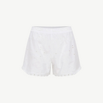 KABE SHOP INC Kira white summer shorts featuring delicate floral eyelet embroidery and a scalloped hem.