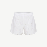 KABE SHOP INC Kira white summer shorts featuring delicate floral eyelet embroidery and a scalloped hem.