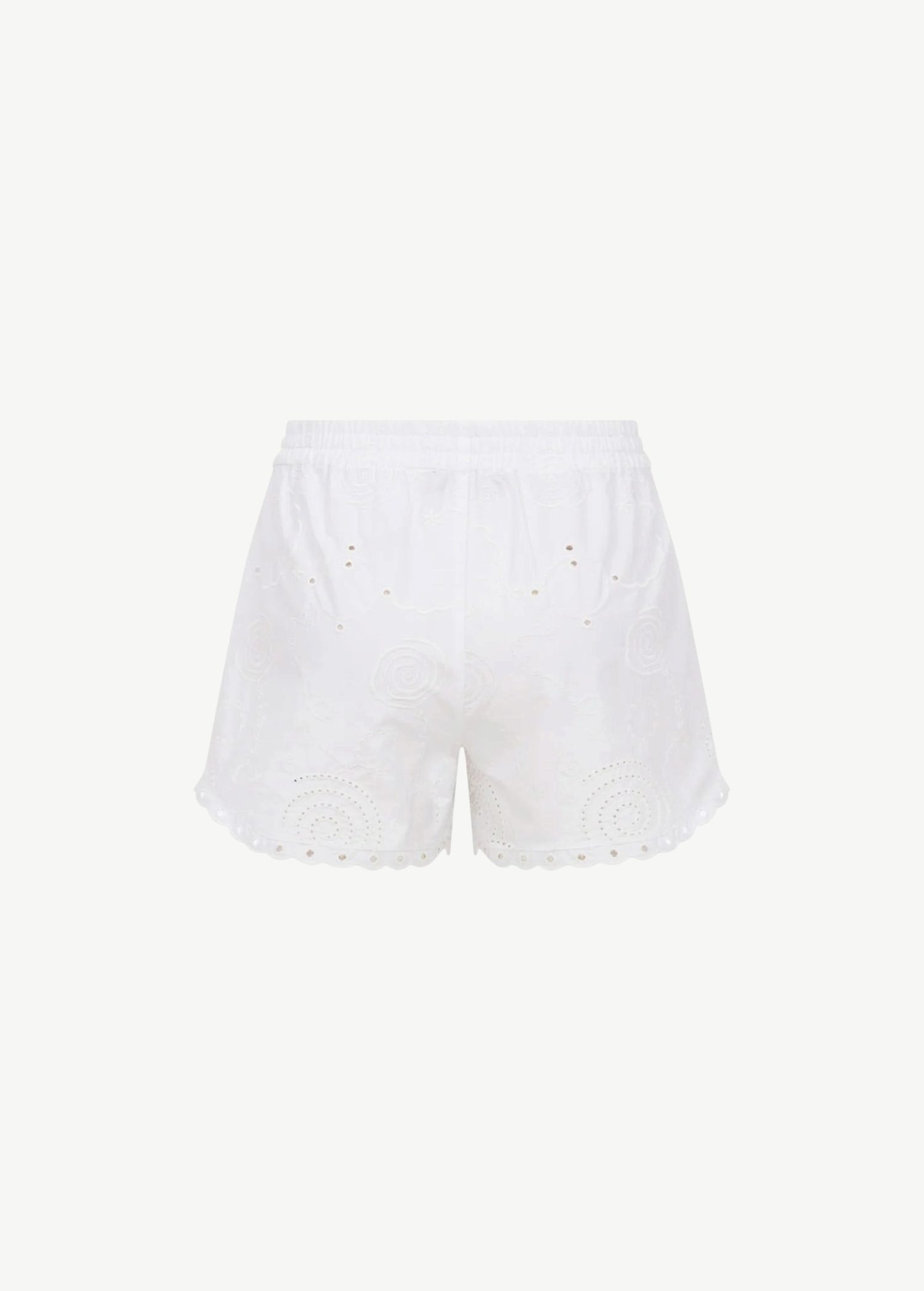 KABE SHOP INC white Kira shorts featuring delicate eyelet embroidery and a relaxed scalloped hem for summer wear.