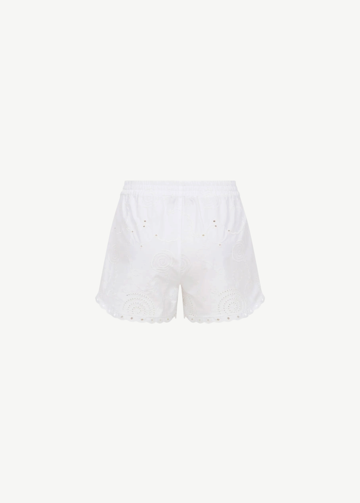 KABE SHOP INC white Kira shorts featuring delicate eyelet embroidery and a relaxed scalloped hem for summer wear.