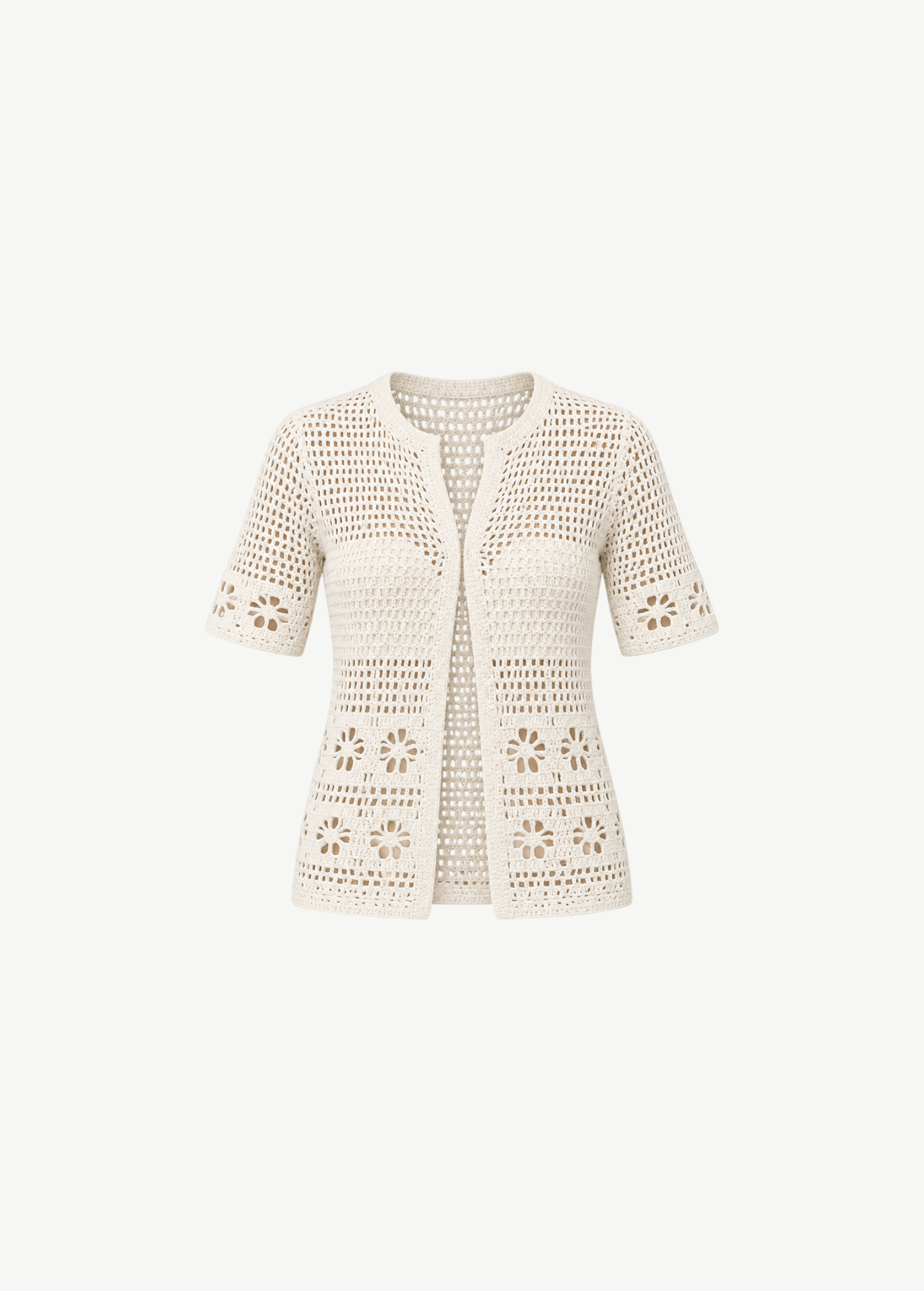 KABE SHOP INC cream cotton crochet cover-up top with open-weave texture and floral pattern details