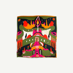 Labyrinth of Horta Scarf, a square silk piece featuring a colorful, hand-drawn labyrinth design with symmetrical organic shapes, geometric patterns, and stylized figures in shades of green, black, orange, and pink.