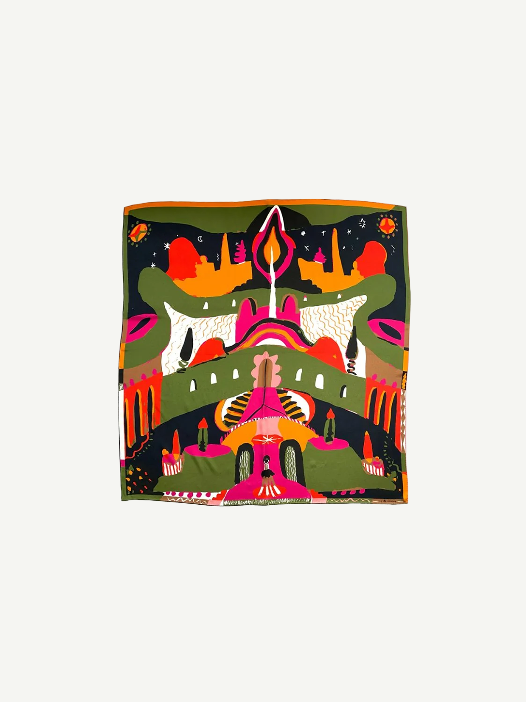 Labyrinth of Horta Scarf, a square silk piece featuring a colorful, hand-drawn labyrinth design with symmetrical organic shapes, geometric patterns, and stylized figures in shades of green, black, orange, and pink.