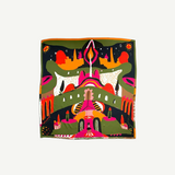 Labyrinth of Horta Scarf, a square silk piece featuring a colorful, hand-drawn labyrinth design with symmetrical organic shapes, geometric patterns, and stylized figures in shades of green, black, orange, and pink.
