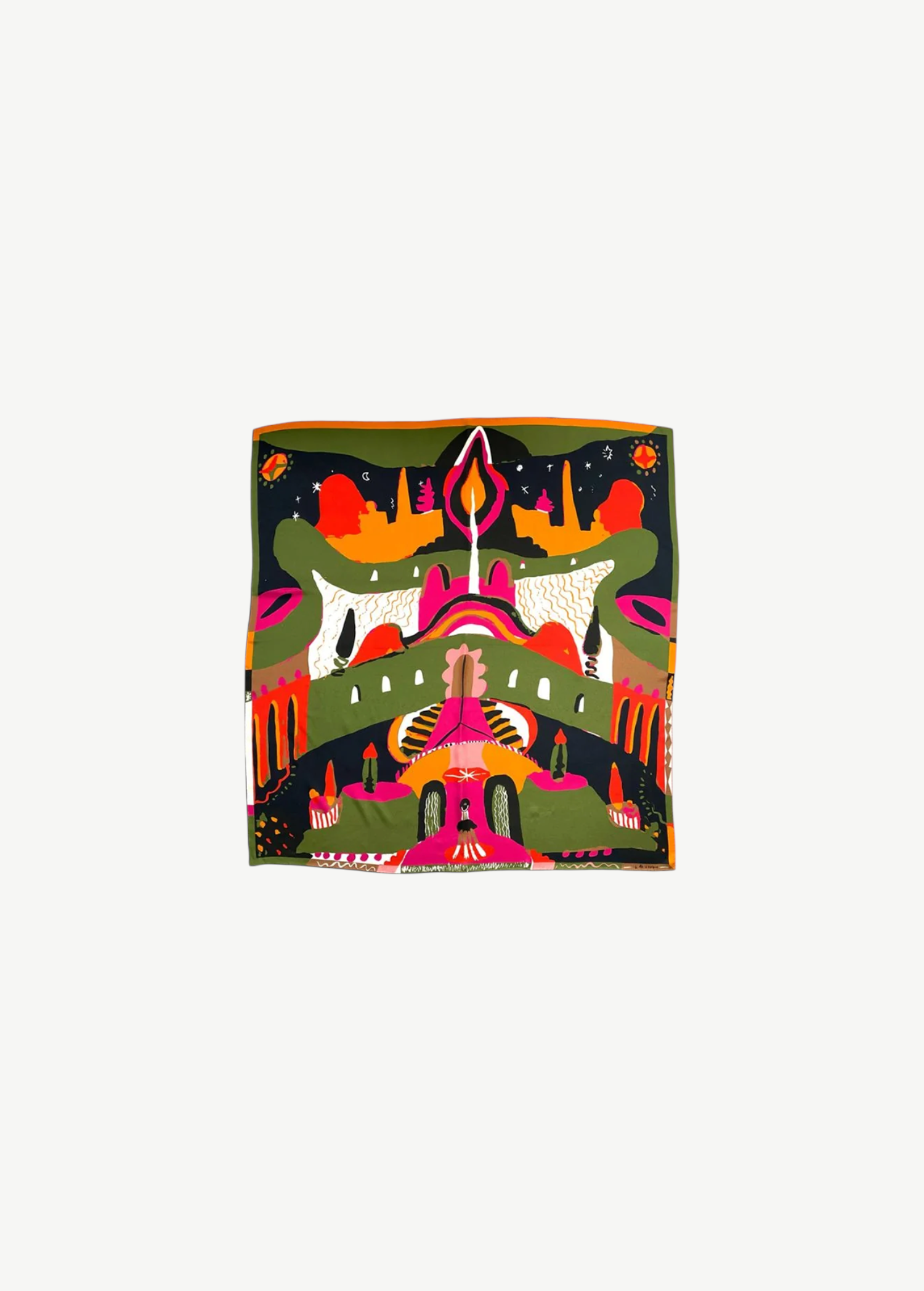 Labyrinth of Horta Scarf, a square silk piece featuring a colorful, hand-drawn labyrinth design with symmetrical organic shapes, geometric patterns, and stylized figures in shades of green, black, orange, and pink.
