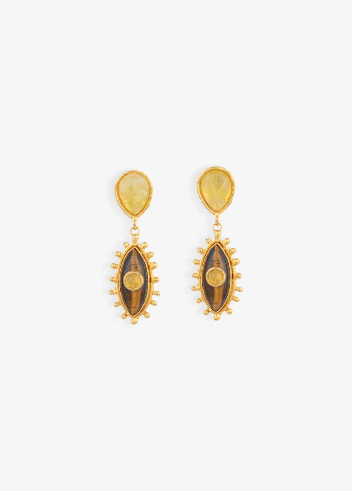 KABE SHOP INC Third Eye earrings featuring Tiger Eye and Yellow Onyx stones in a handcrafted gold-tone setting.