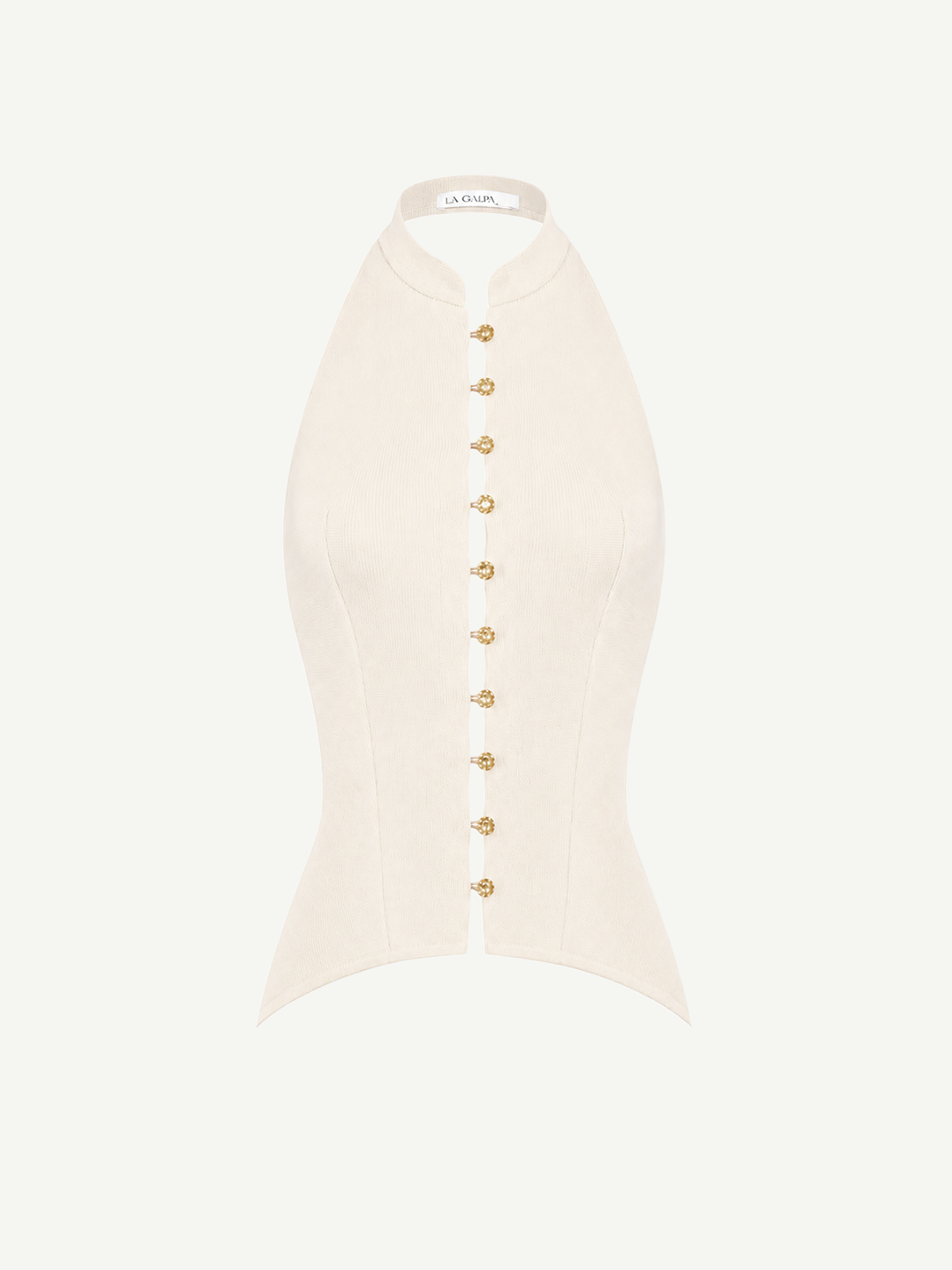 Modjolokia Flowers Top, a cream-colored sleeveless halter top with a high collar and a vertical row of jewel-like buttons down the front.