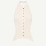 Modjolokia Flowers Top, a cream-colored sleeveless halter top with a high collar and a vertical row of jewel-like buttons down the front.