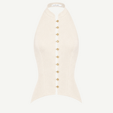 Modjolokia Flowers Top, a cream-colored sleeveless halter top with a high collar and a vertical row of jewel-like buttons down the front.