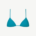 The Equator Top is a bright blue triangle bikini top with thin straps, crafted from eco-friendly ECONYL® regenerated polyamide swimwear fabric, and displayed against a white background.