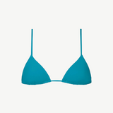 The Equator Top is a bright blue triangle bikini top with thin straps, crafted from eco-friendly ECONYL® regenerated polyamide swimwear fabric, and displayed against a white background.