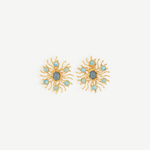 KABE SHOP INC Sunshine earrings featuring gold sunburst designs with blue chalcedony and larimar gemstones.