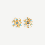 KABE SHOP INC Sunshine earrings featuring gold sunburst designs with blue chalcedony and larimar gemstones.