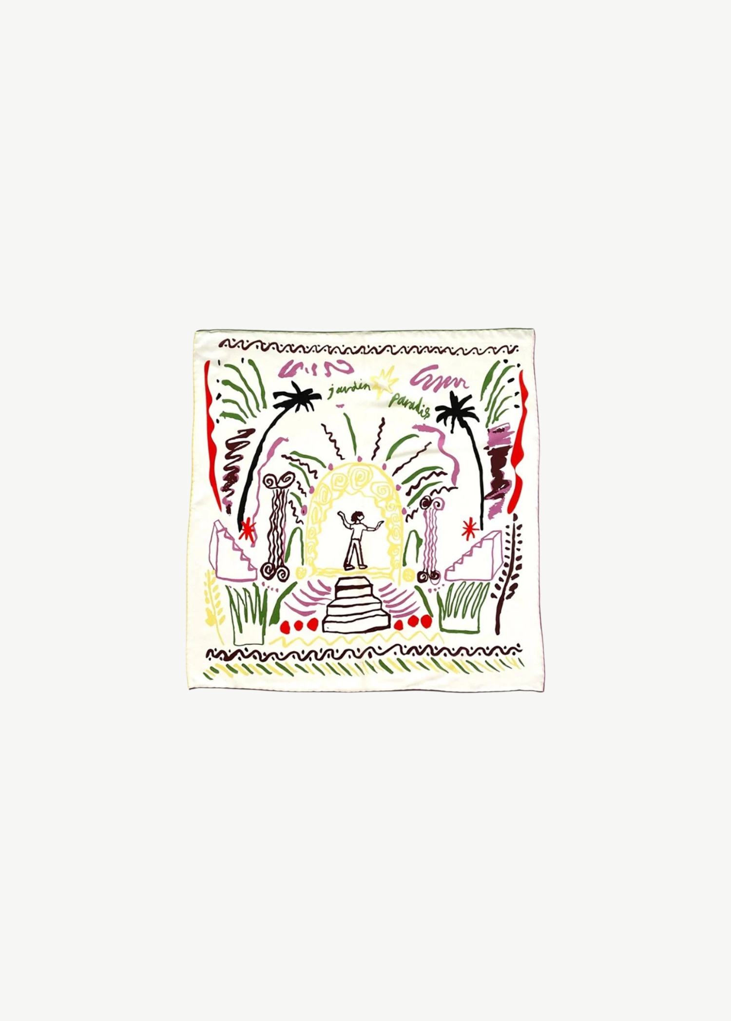 KABE SHOP INC Jardin Paradis silk scarf in white with colorful hand-drawn garden illustration and palm tree motifs.