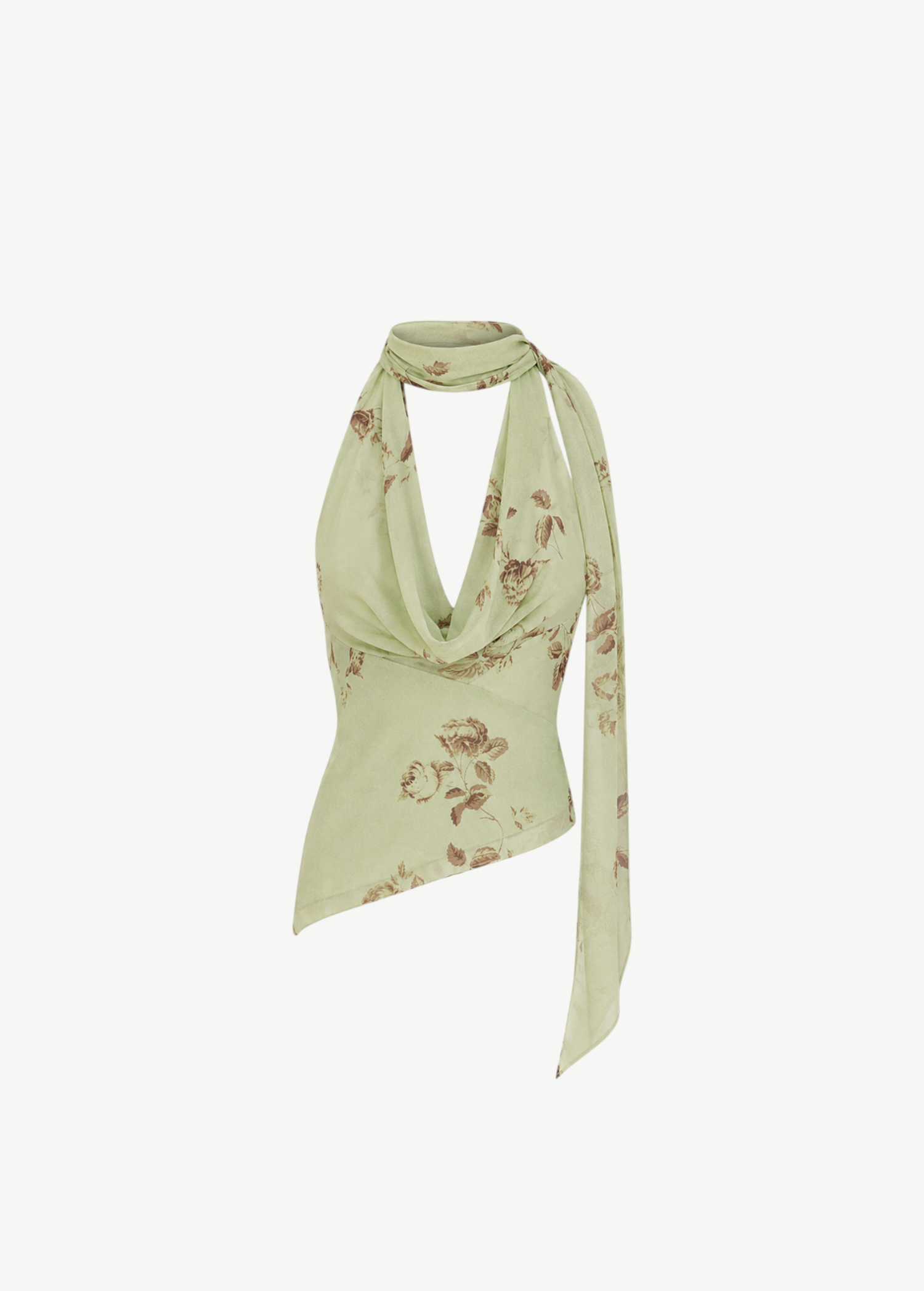 Diosa Top in sage green georgette with a cowl neckline, brown floral print, wrap-around neck tie, and an asymmetrical bohemian hem.