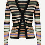 Introducing the Linear Cardigan: a long-sleeve, rib knitted cardigan featuring horizontal stripes in black, green, white, beige, purple, and peach. With a black V-neck trim and an open front design, this stylish piece is crafted from recycled viscose for an eco-friendly touch.