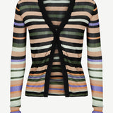 Introducing the Linear Cardigan: a long-sleeve, rib knitted cardigan featuring horizontal stripes in black, green, white, beige, purple, and peach. With a black V-neck trim and an open front design, this stylish piece is crafted from recycled viscose for an eco-friendly touch.