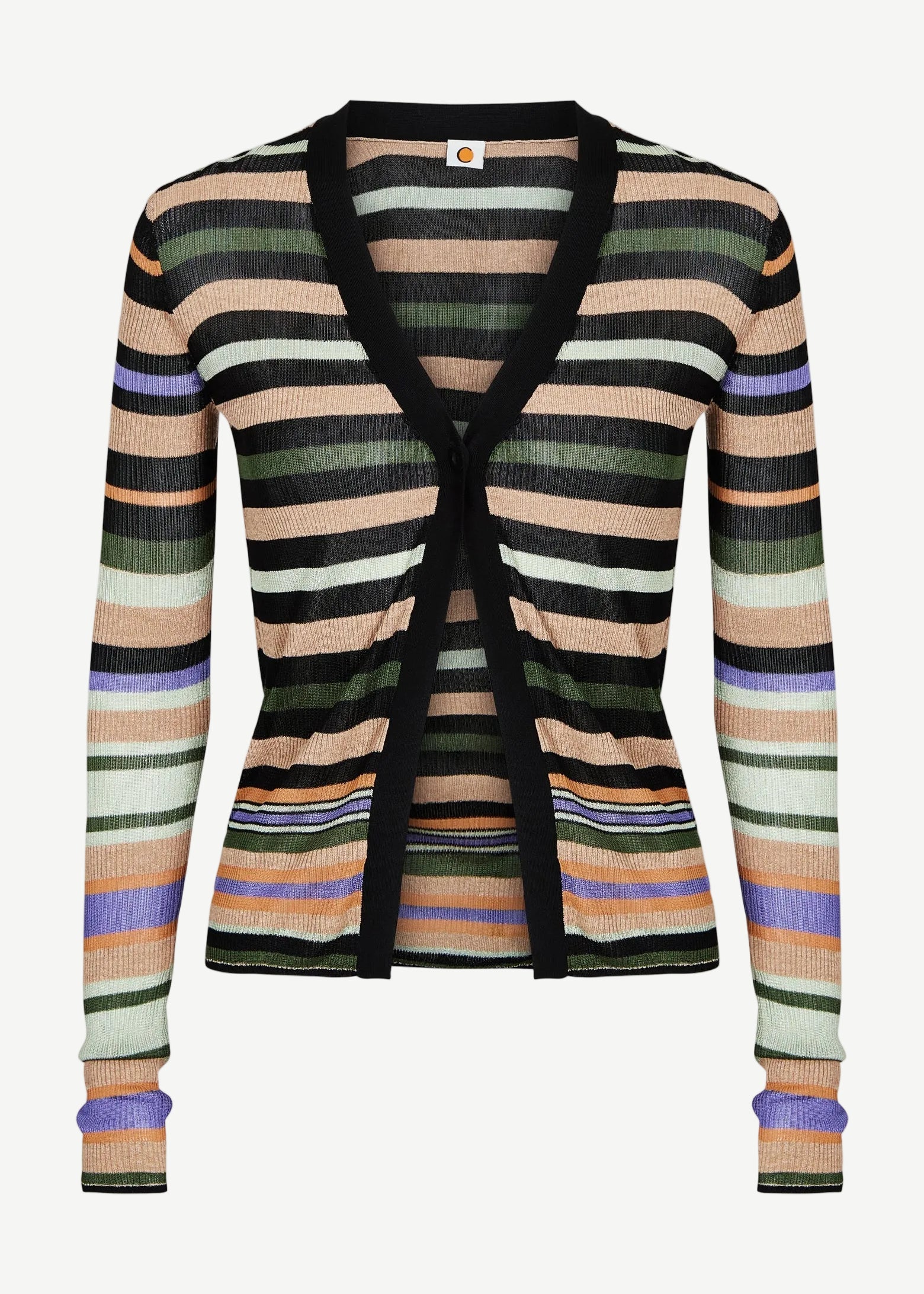 Introducing the Linear Cardigan: a long-sleeve, rib knitted cardigan featuring horizontal stripes in black, green, white, beige, purple, and peach. With a black V-neck trim and an open front design, this stylish piece is crafted from recycled viscose for an eco-friendly touch.