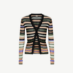 Introducing the Linear Cardigan: a long-sleeve, rib knitted cardigan featuring horizontal stripes in black, green, white, beige, purple, and peach. With a black V-neck trim and an open front design, this stylish piece is crafted from recycled viscose for an eco-friendly touch.