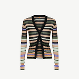 Introducing the Linear Cardigan: a long-sleeve, rib knitted cardigan featuring horizontal stripes in black, green, white, beige, purple, and peach. With a black V-neck trim and an open front design, this stylish piece is crafted from recycled viscose for an eco-friendly touch.