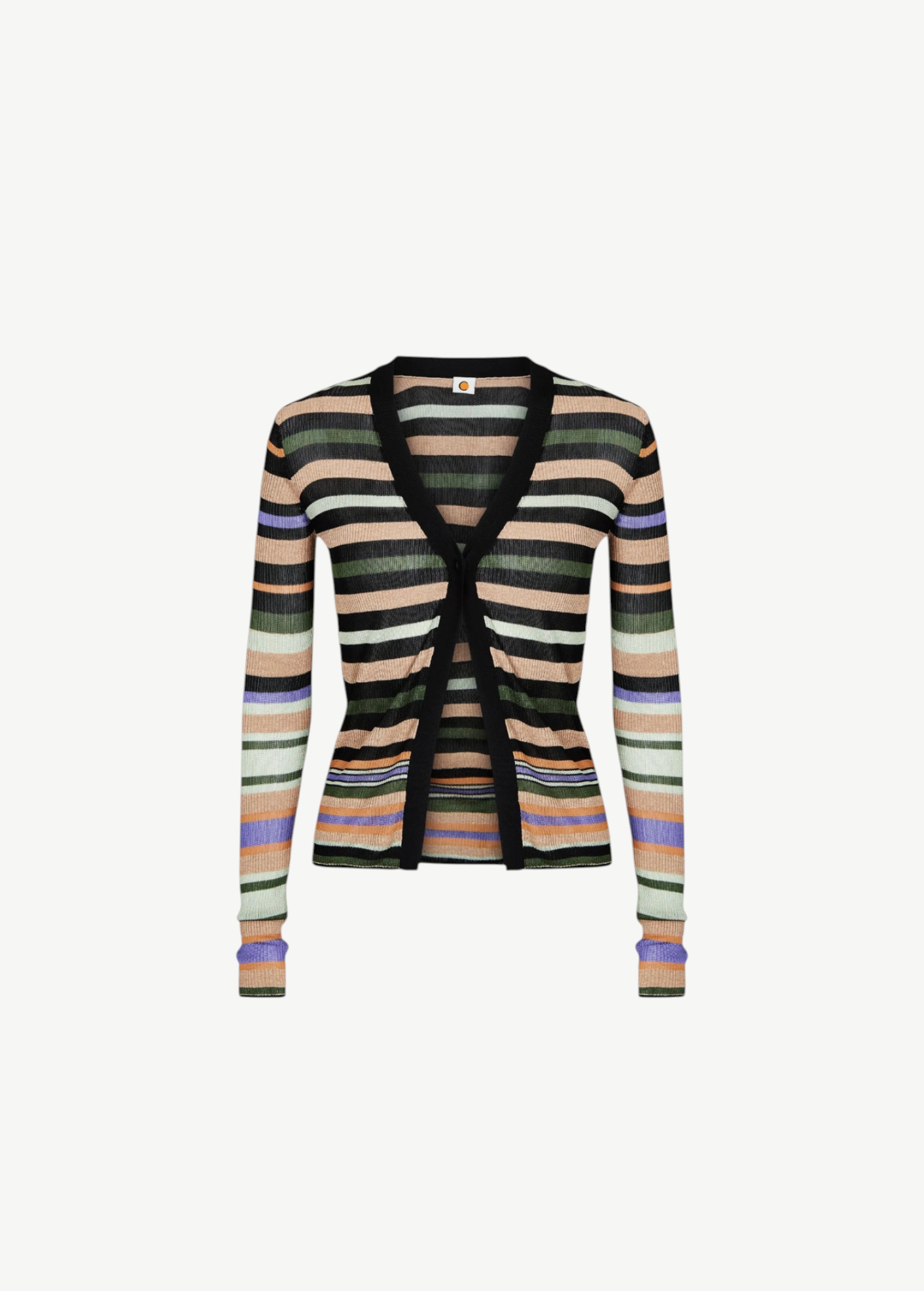 Introducing the Linear Cardigan: a long-sleeve, rib knitted cardigan featuring horizontal stripes in black, green, white, beige, purple, and peach. With a black V-neck trim and an open front design, this stylish piece is crafted from recycled viscose for an eco-friendly touch.