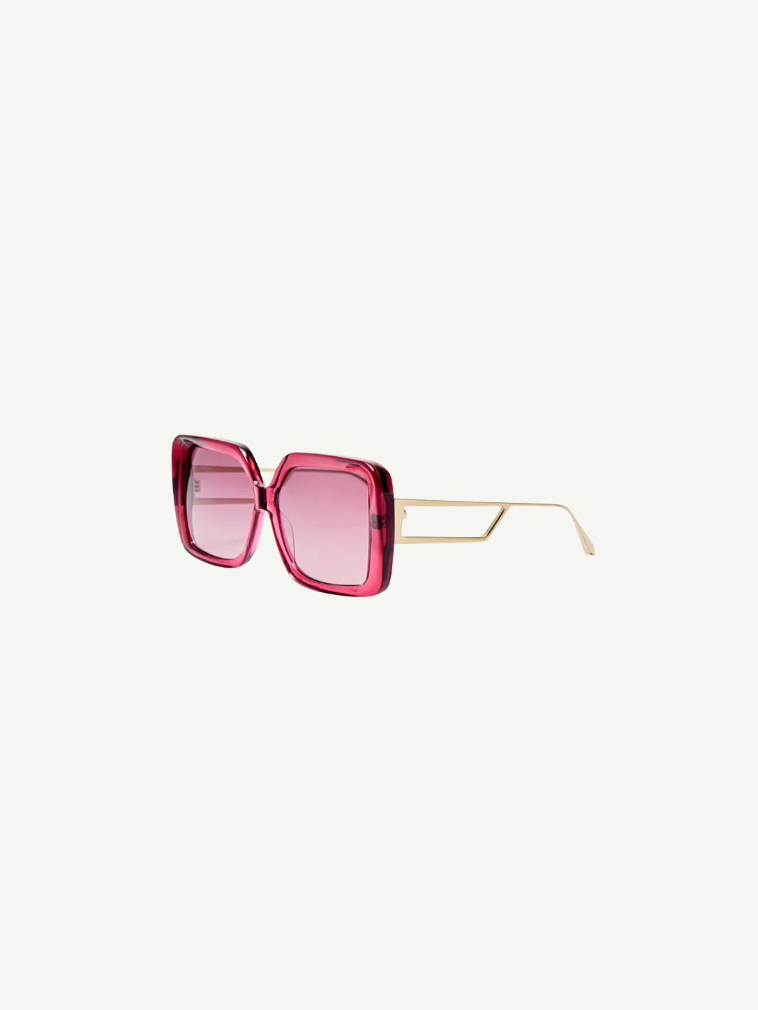 The Macy Sunglasses feature a square-shaped, oversized frame crafted from luxurious Italian acetate in bold pink, with light pink gradient lenses and elegant gold-plated temples and thin arms, showcased on a white background.