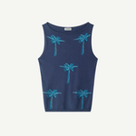 Arden Top, a navy blue sleeveless knit featuring a pattern of five embroidered turquoise palm trees, a warm-weather essential.