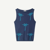 Arden Top, a navy blue sleeveless knit featuring a pattern of five embroidered turquoise palm trees, a warm-weather essential.